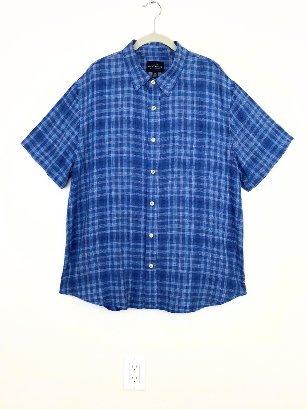 Lucky Brand Men Blue Plaid Short Sleeve Linen Rayon Button Down Shirt Sz L